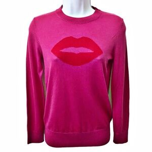 Trina Turk, 100% Merino Wool Kiss Sweater Pop Art Long Sleeve Crew Neck Magenta